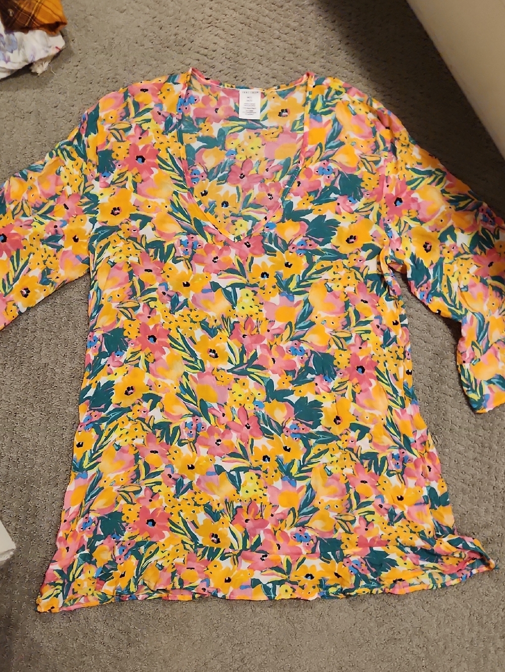 NEW Anne Cole Floral V-Neck Tunic / Swimsuut Cover  - Yellow, Pink & Green